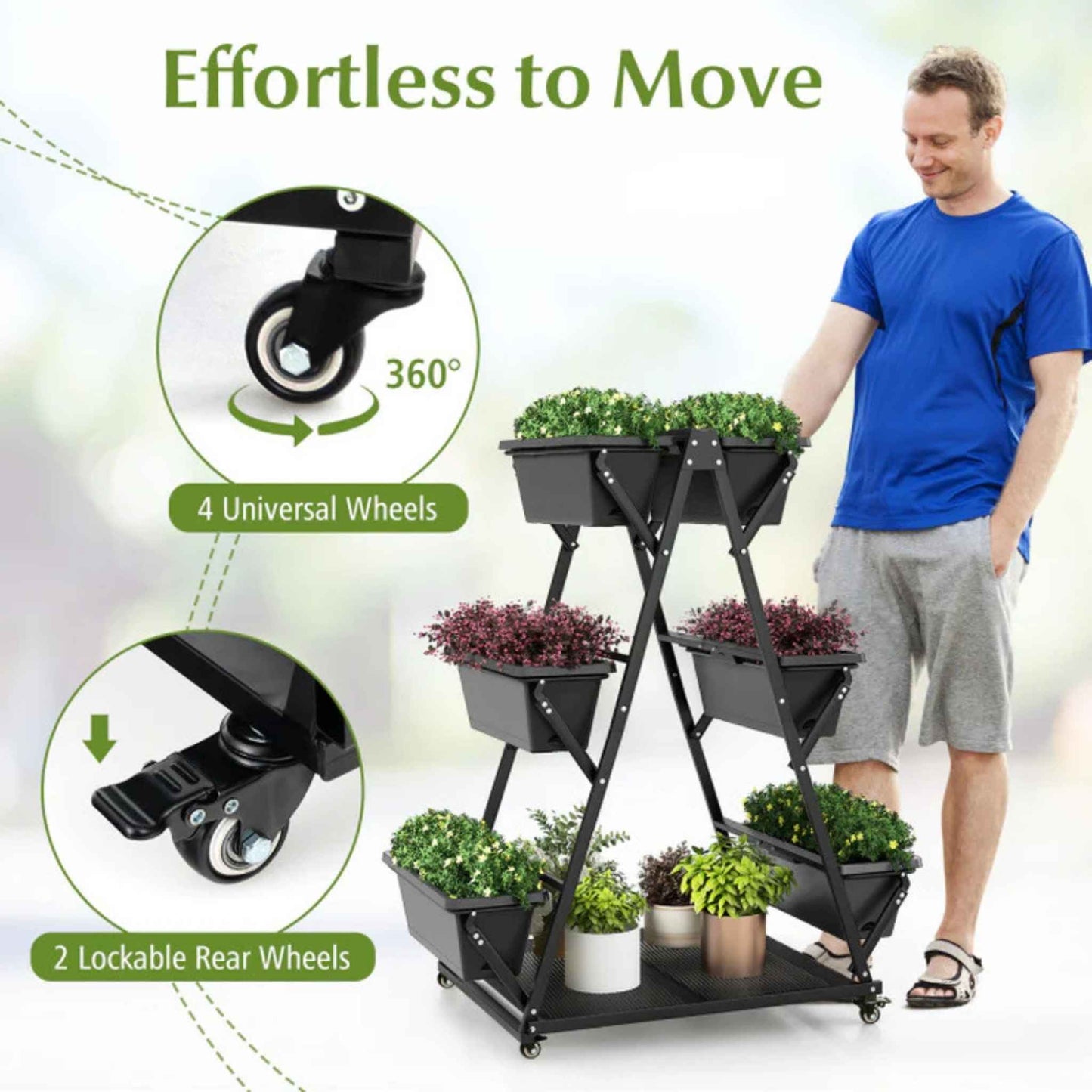 3-Tier Vertical Raised Garden Bed with Wheels – 6 Removable Planter Boxes & Storage Shelf