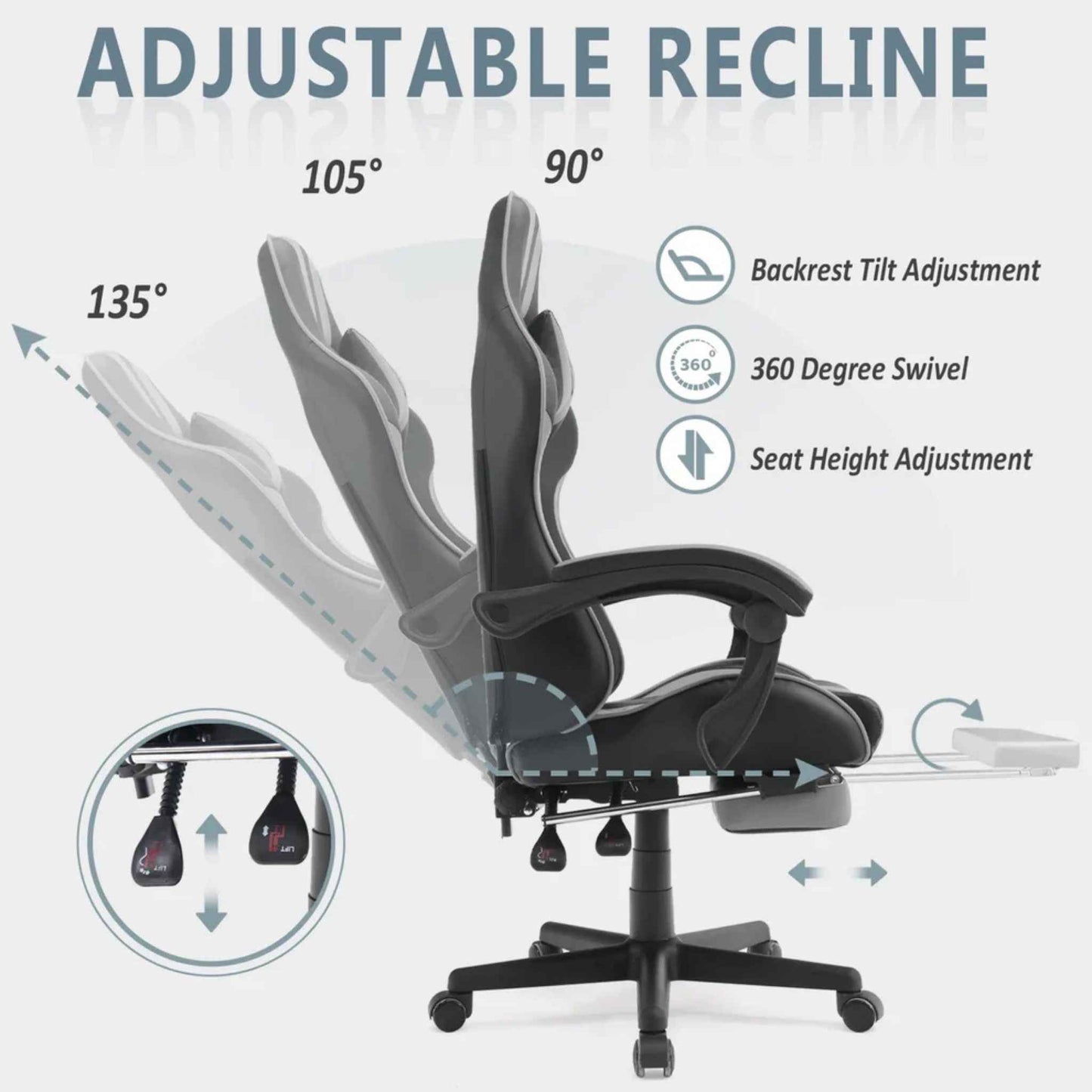 SOONTRANS Gaming Chair with Massage Lumbar Support, Footrest & Reclining Backrest – Grey Ergonomic Office Chair
