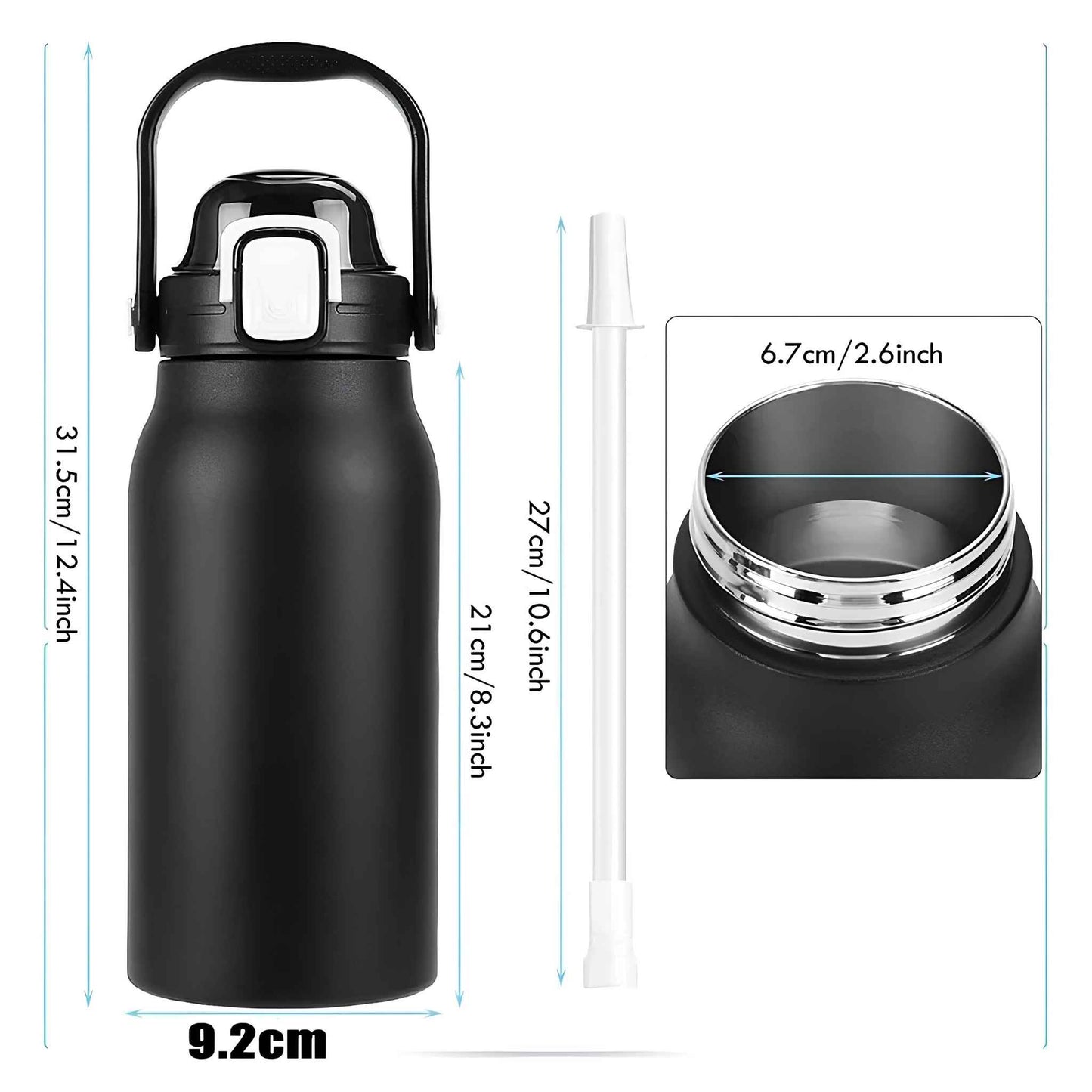 2L Stainless Steel Thermo Water Bottle with Straw – Large Vacuum Insulated Tumbler for Hot & Cold Drinks – Gym, Travel & Outdoor Sports