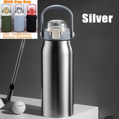 2L Stainless Steel Thermo Water Bottle with Straw – Large Vacuum Insulated Tumbler for Hot & Cold Drinks – Gym, Travel & Outdoor Sports