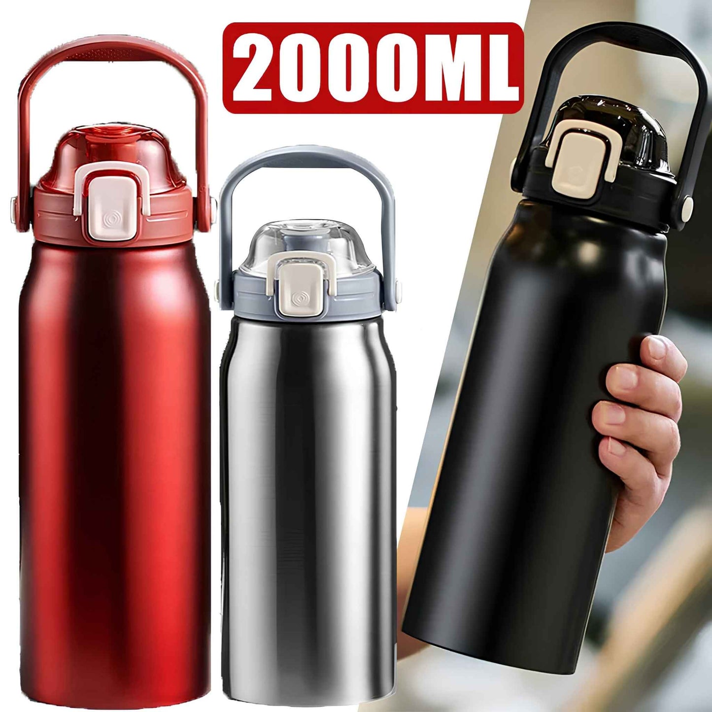 2L Stainless Steel Thermo Water Bottle with Straw – Large Vacuum Insulated Tumbler for Hot & Cold Drinks – Gym, Travel & Outdoor Sports