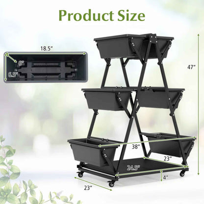 3-Tier Vertical Raised Garden Bed with Wheels – 6 Removable Planter Boxes & Storage Shelf