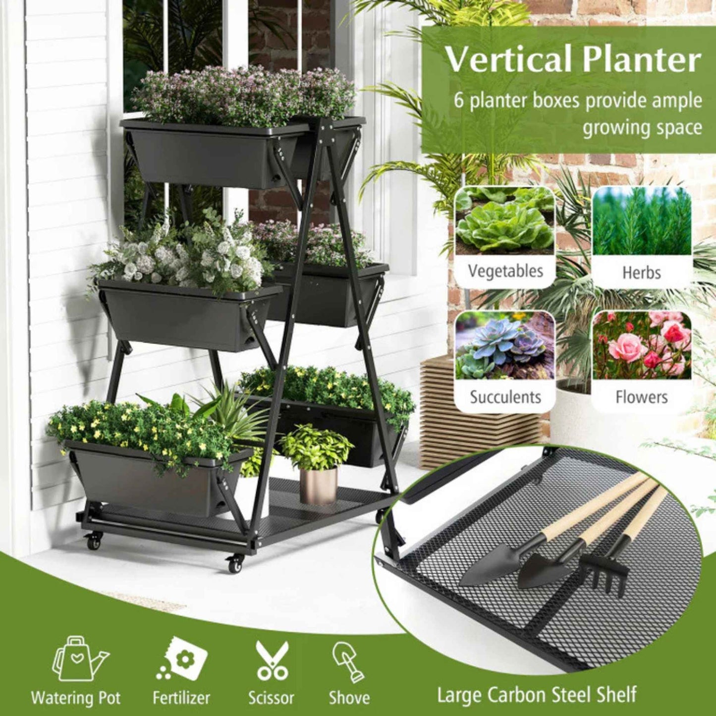 3-Tier Vertical Raised Garden Bed with Wheels – 6 Removable Planter Boxes & Storage Shelf