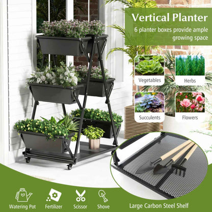 3-Tier Vertical Raised Garden Bed with Wheels – 6 Removable Planter Boxes & Storage Shelf