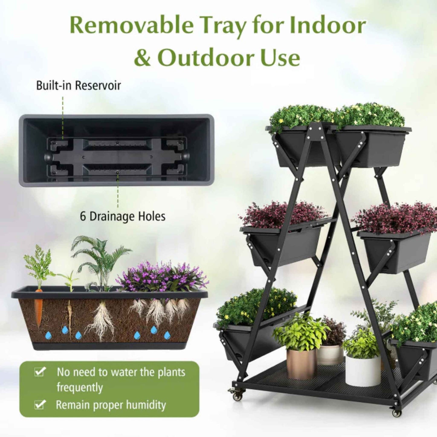 3-Tier Vertical Raised Garden Bed with Wheels – 6 Removable Planter Boxes & Storage Shelf