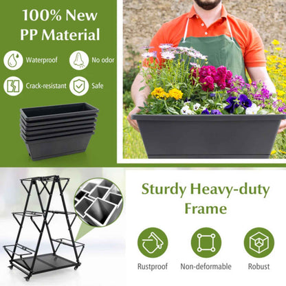 3-Tier Vertical Raised Garden Bed with Wheels – 6 Removable Planter Boxes & Storage Shelf