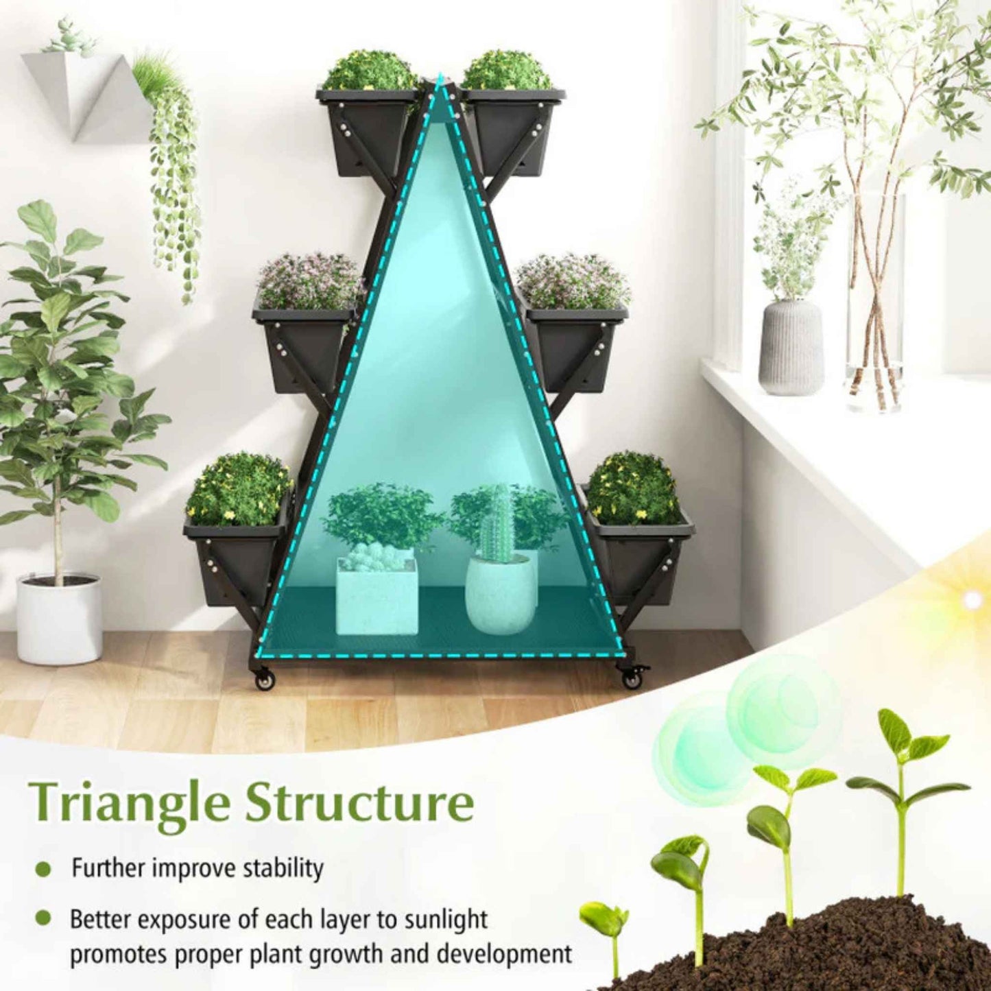 3-Tier Vertical Raised Garden Bed with Wheels – 6 Removable Planter Boxes & Storage Shelf
