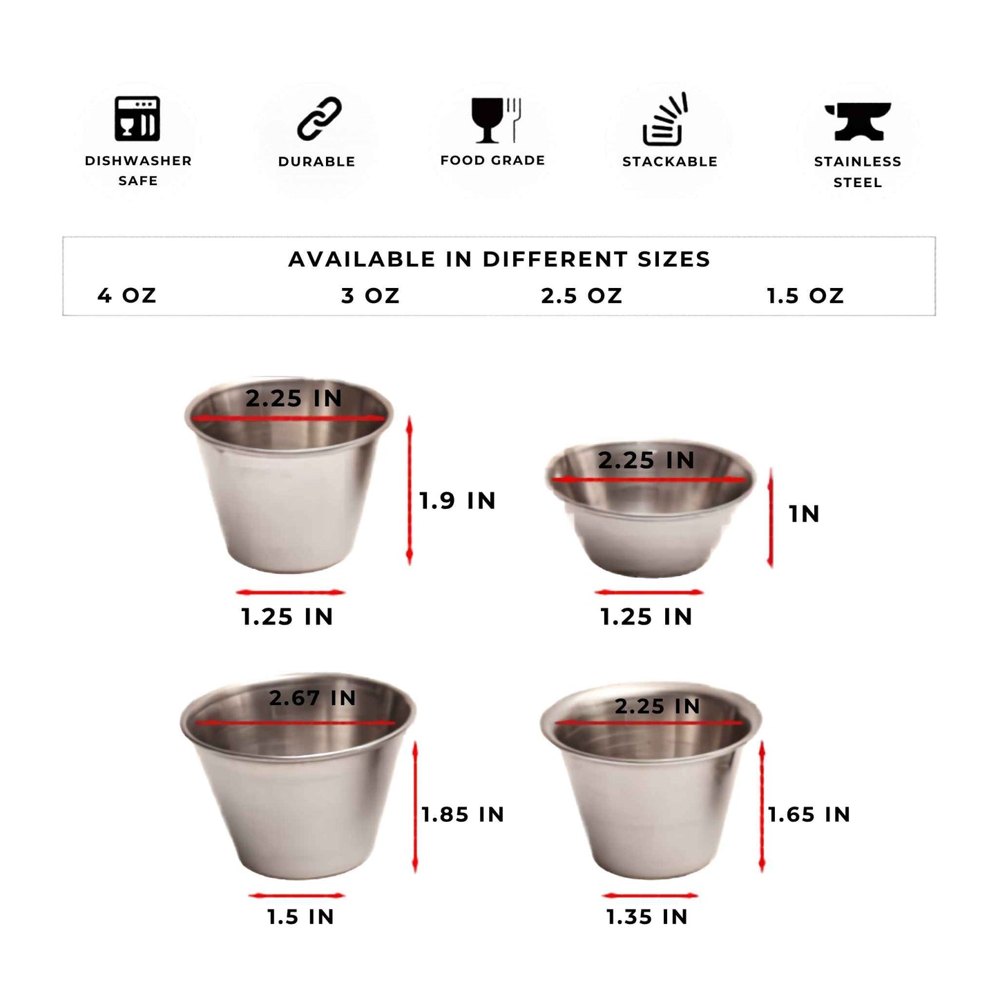 4oz Stainless Steel Ramekin Set – Commercial Grade Dipping Sauce Cups, Condiment & Au Jus Portion Cups (12 Pack)