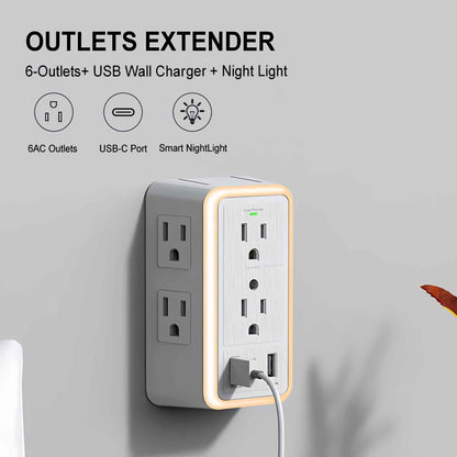 6-Outlet USB Wall Charger Extender – Surge Protector with USB-C, 3 USB Ports & Built-In Night Light Power Strip Adapter