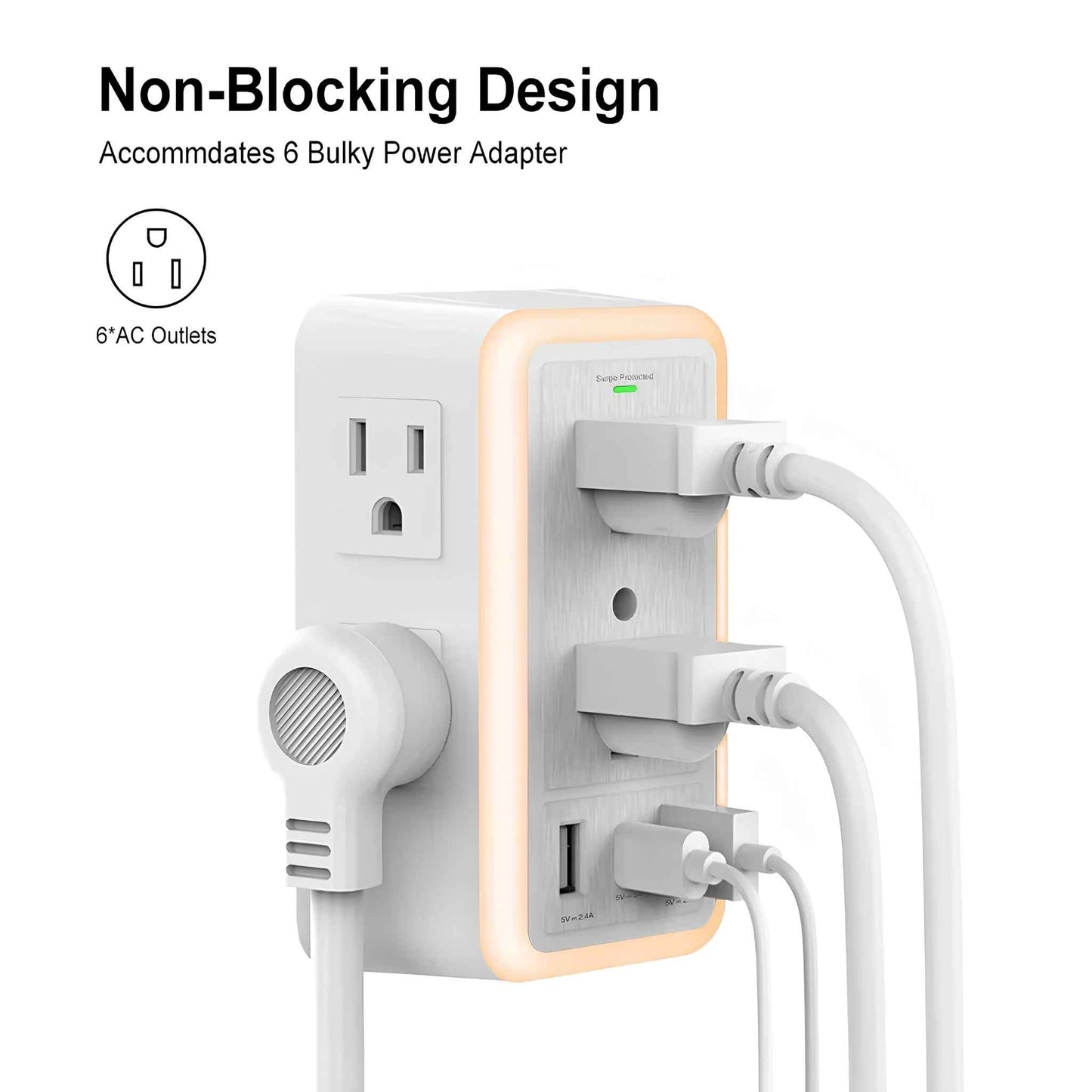 6-Outlet USB Wall Charger Extender – Surge Protector with USB-C, 3 USB Ports & Built-In Night Light Power Strip Adapter