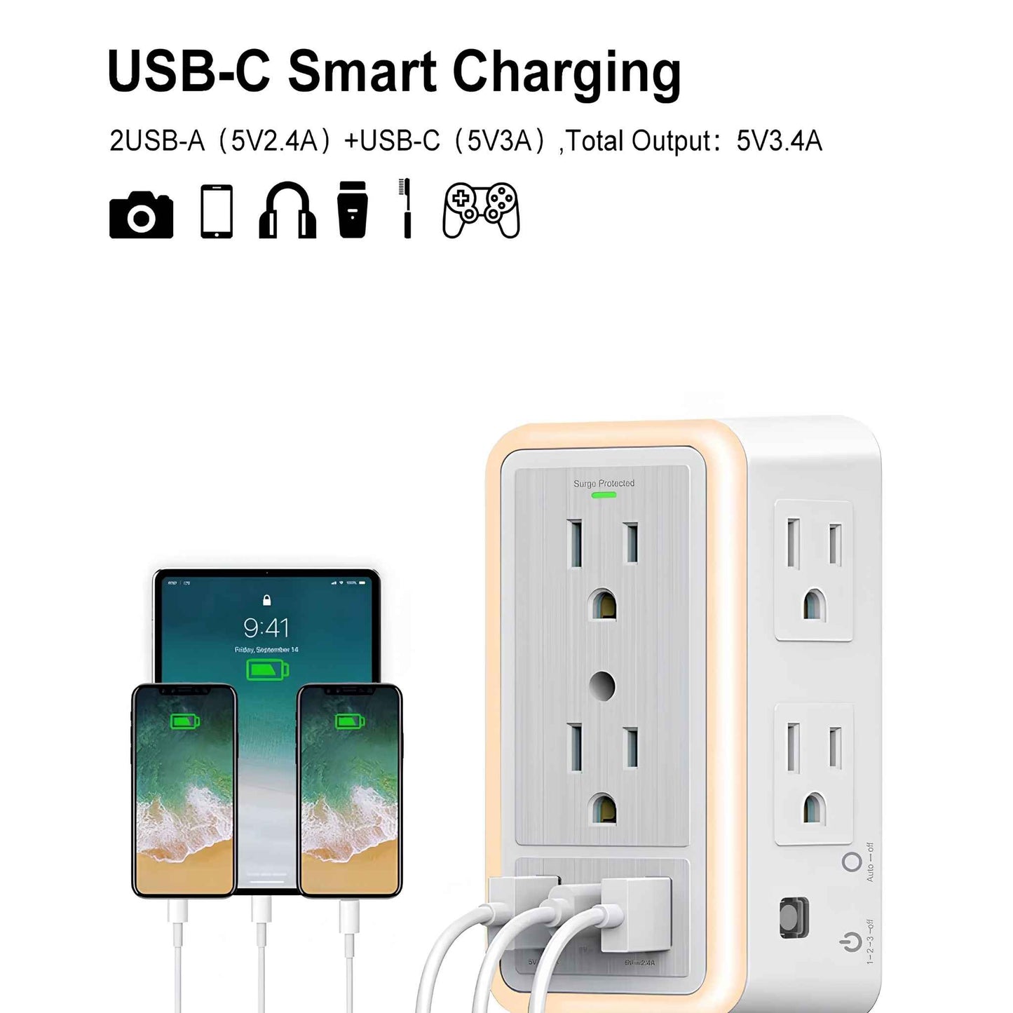 6-Outlet USB Wall Charger Extender – Surge Protector with USB-C, 3 USB Ports & Built-In Night Light Power Strip Adapter