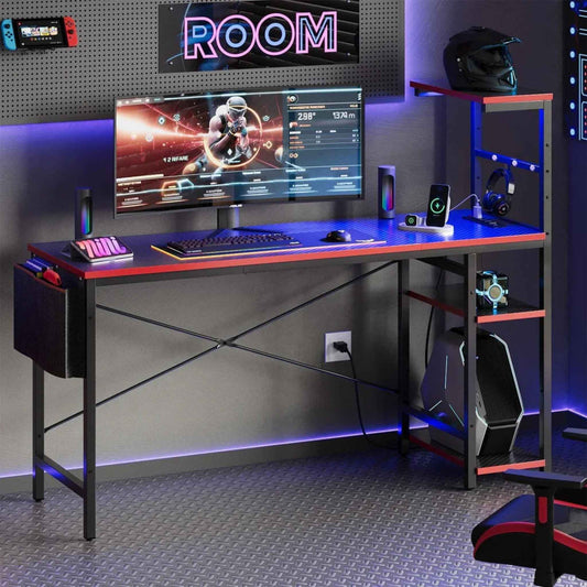 61-Inch Reversible Gaming Desk with LED Lights, Power Outlets & 4-Tier Storage Shelves