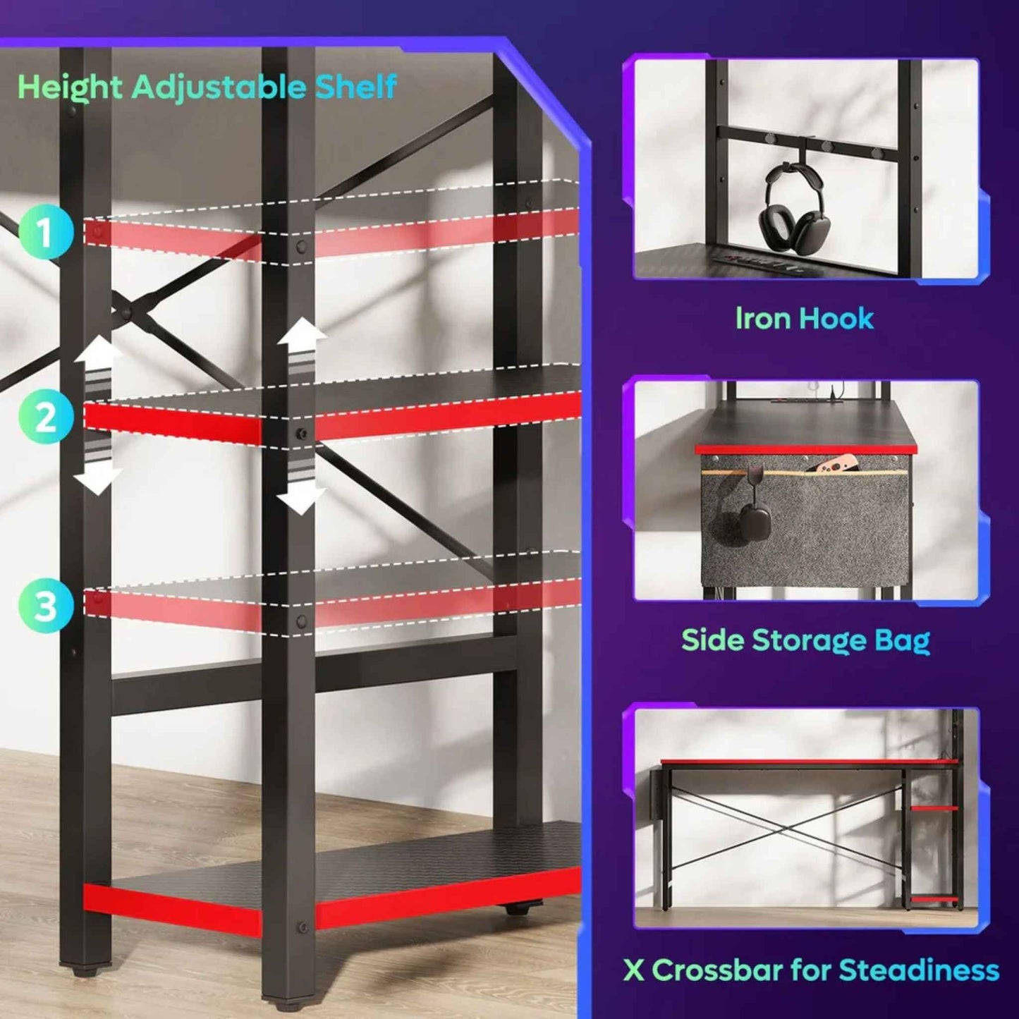 61-Inch Reversible Gaming Desk with LED Lights, Power Outlets & 4-Tier Storage Shelves
