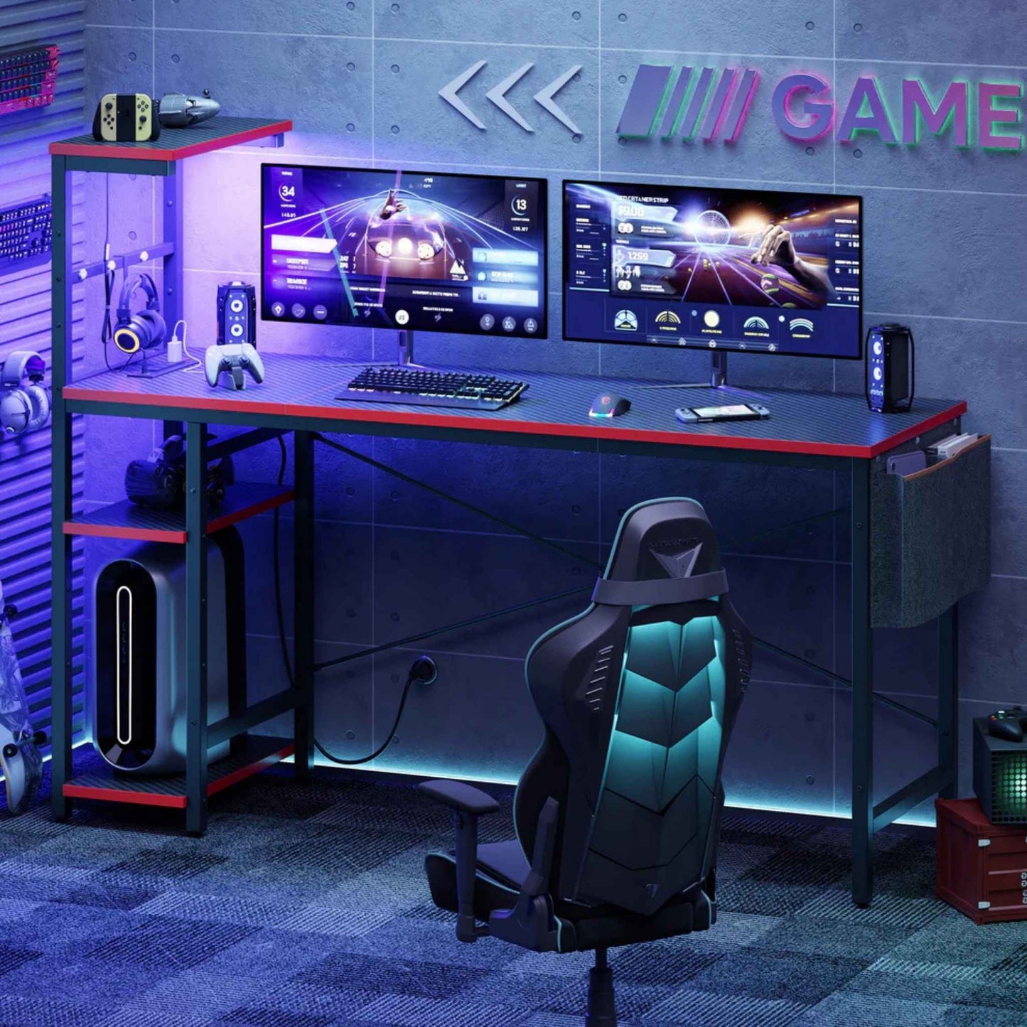 61-Inch Reversible Gaming Desk with LED Lights, Power Outlets & 4-Tier Storage Shelves