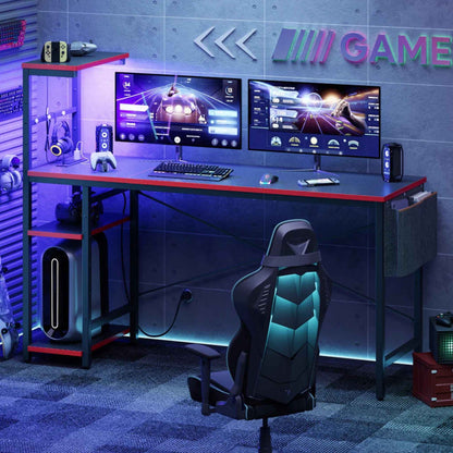 61-Inch Reversible Gaming Desk with LED Lights, Power Outlets & 4-Tier Storage Shelves