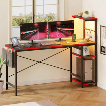 61-Inch Reversible Gaming Desk with LED Lights, Power Outlets & 4-Tier Storage Shelves