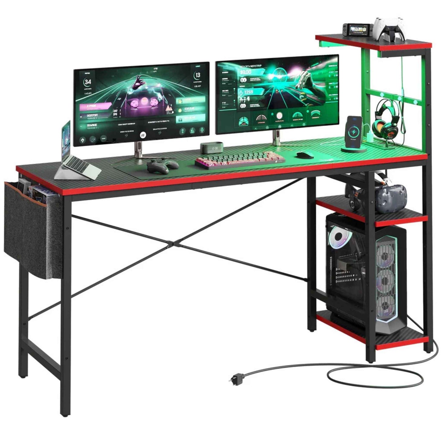 61-Inch Reversible Gaming Desk with LED Lights, Power Outlets & 4-Tier Storage Shelves