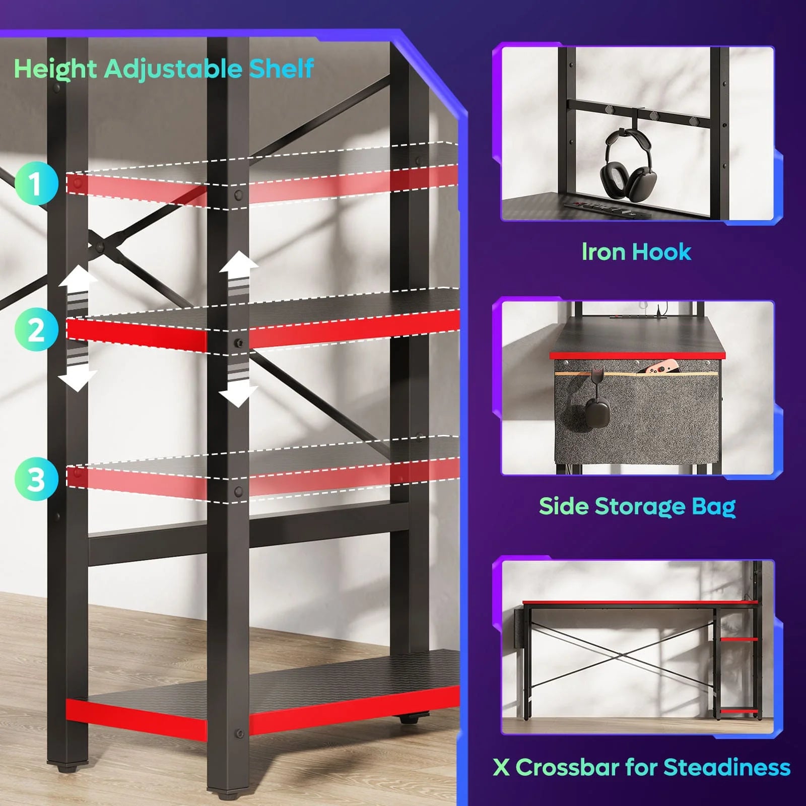 61" Reversible Gaming Desk Computer Desk with Power Outlet LED Desk with 4 Tier Shelves, Black Carbon Fiber