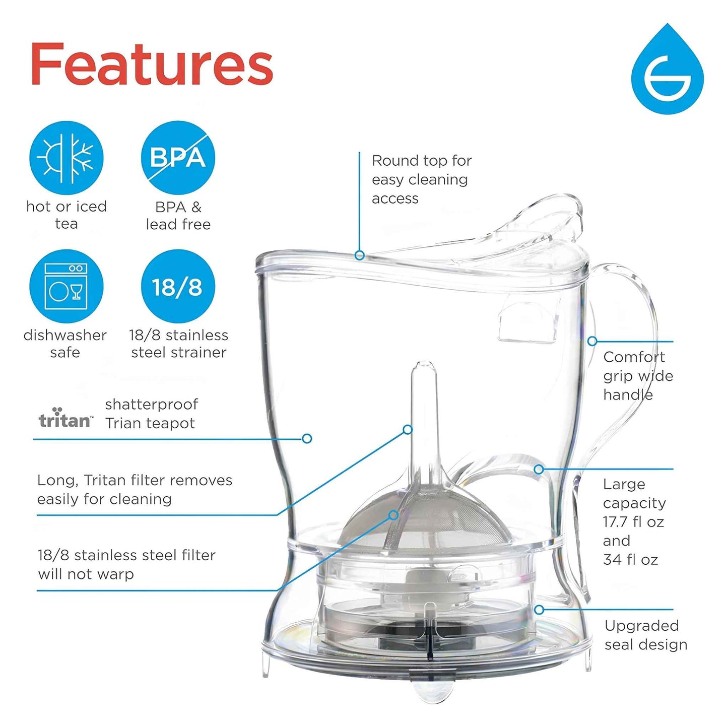 Aberdeen Tea Infuser Teapot 525ml (17.7oz) – BPA-Free Smart Tea Maker with Drip-Free Design & Built-In Infuser – Easy Brew & Clean Loose Leaf Tea Steeper