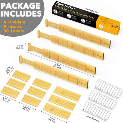 Expandable Bamboo Drawer Dividers – Adjustable Kitchen & Closet Organizer with Labels (17–22 in)