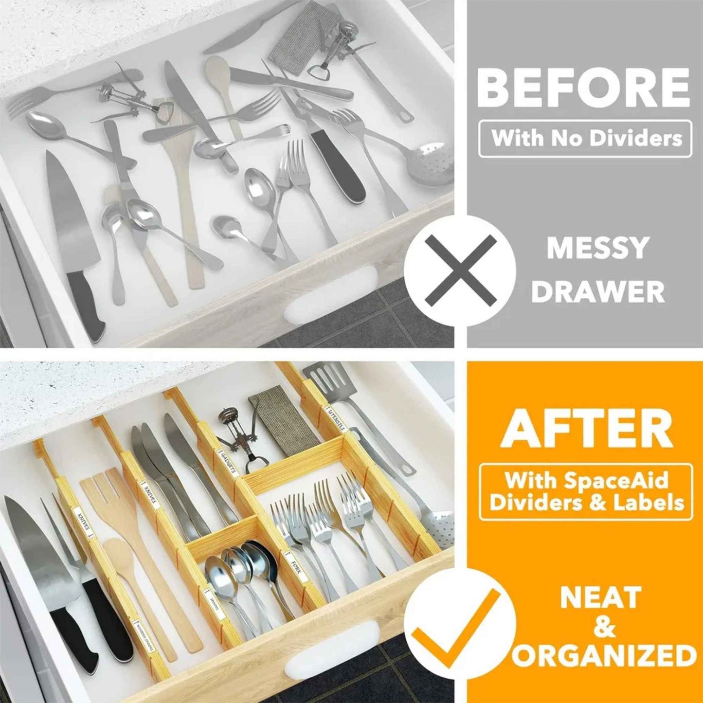 Expandable Bamboo Drawer Dividers – Adjustable Kitchen & Closet Organizer with Labels (17–22 in)