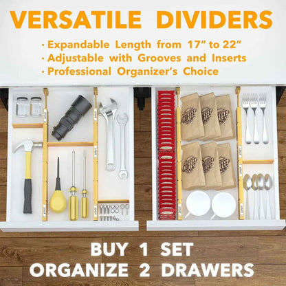 Expandable Bamboo Drawer Dividers – Adjustable Kitchen & Closet Organizer with Labels (17–22 in)