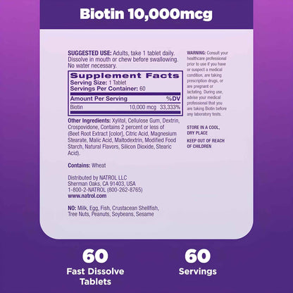 Biotin 10,000mcg Beauty Tablets – Fast Dissolve Strawberry Flavor – Supports Healthy Hair, Skin & Nails – 60 Count Dietary Supplement