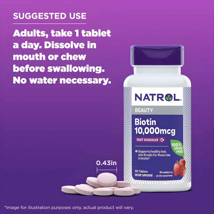 Biotin 10,000mcg Beauty Tablets – Fast Dissolve Strawberry Flavor – Supports Healthy Hair, Skin & Nails – 60 Count Dietary Supplement