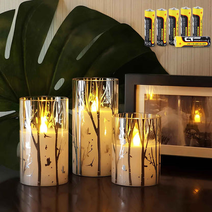 Birch Design Flameless LED Candles Set of 3 – Battery Operated Glass Pillar Candles with Timer