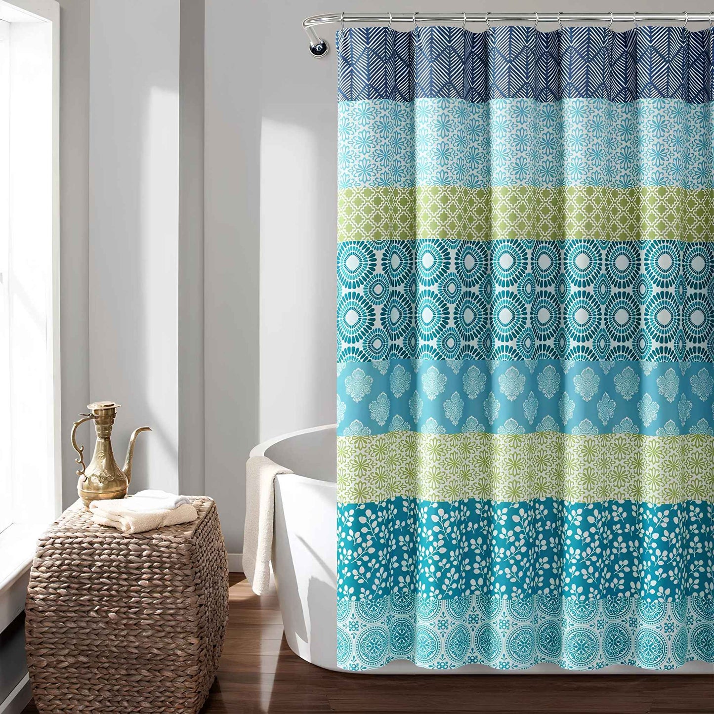 Bohemian Stripe Shower Curtain 72" x 72" – Blue & Green Fabric Boho Bathroom Curtain