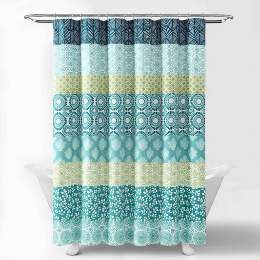 Bohemian Stripe Shower Curtain 72" x 72" – Blue & Green Fabric Boho Bathroom Curtain