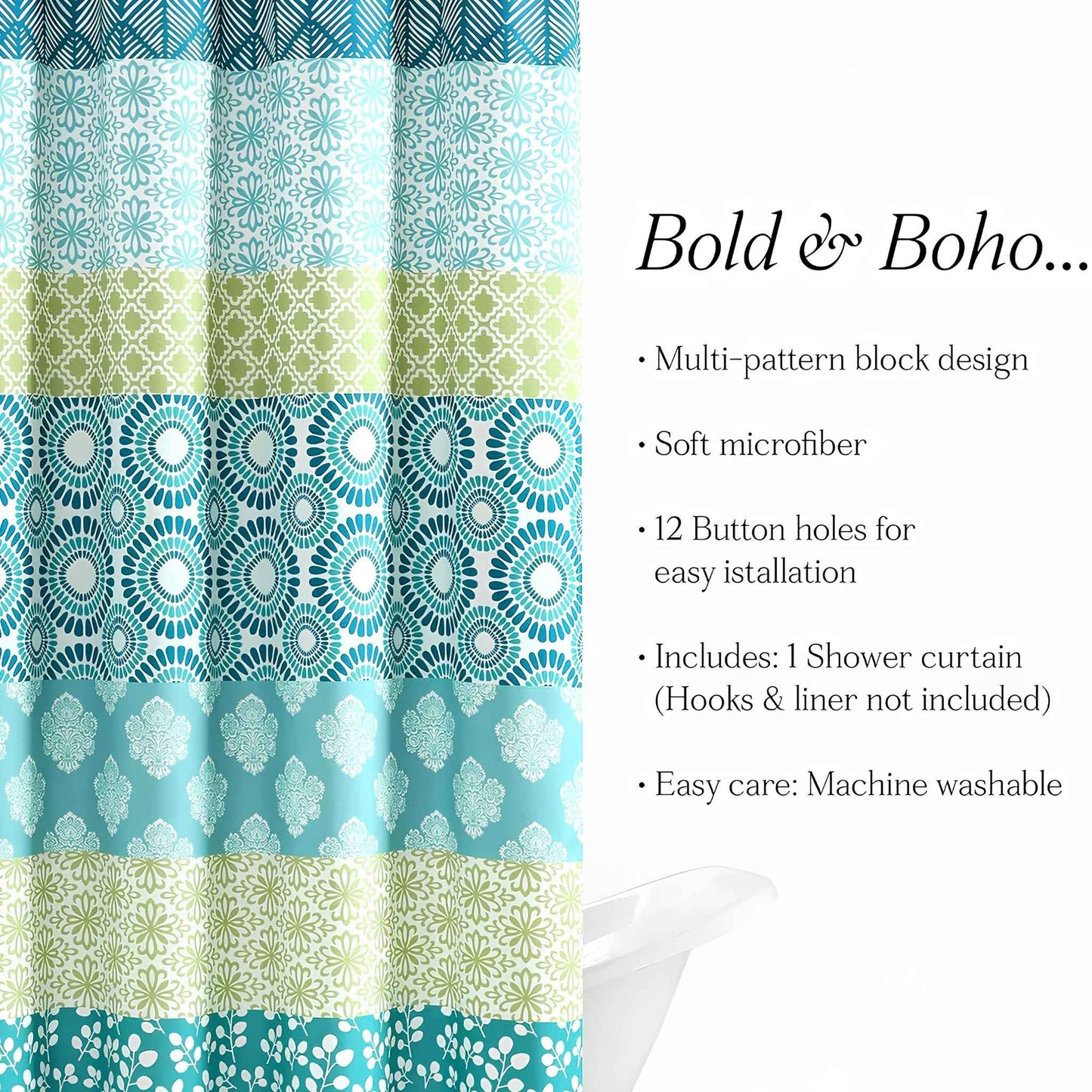Bohemian Stripe Shower Curtain 72" x 72" – Blue & Green Fabric Boho Bathroom Curtain