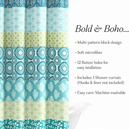 Bohemian Stripe Shower Curtain 72" x 72" – Blue & Green Fabric Boho Bathroom Curtain
