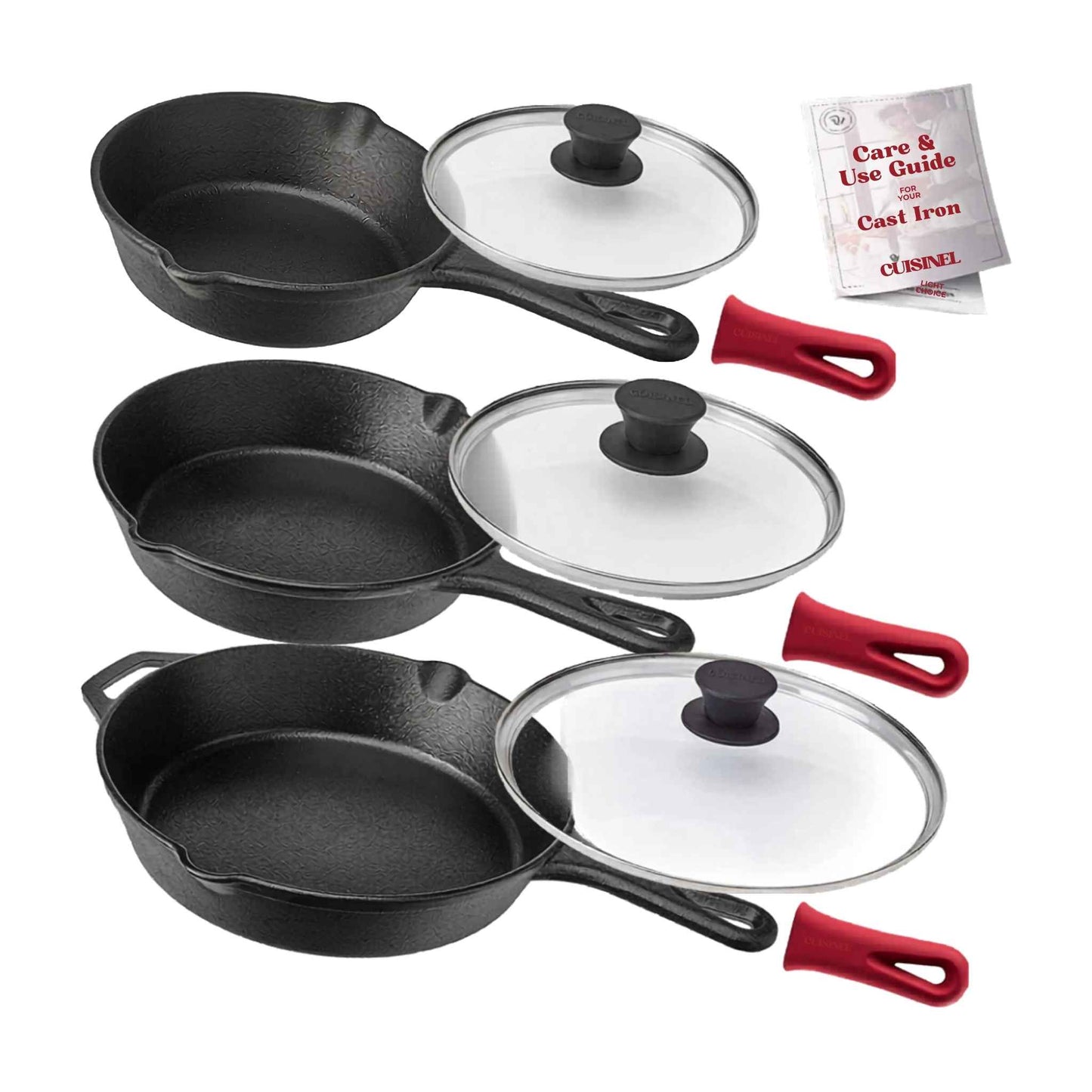 Cast Iron Skillet Set with Glass Lids – Pre-Seasoned Frying Pans (6", 8", 10") for Stovetop, Oven & Grill