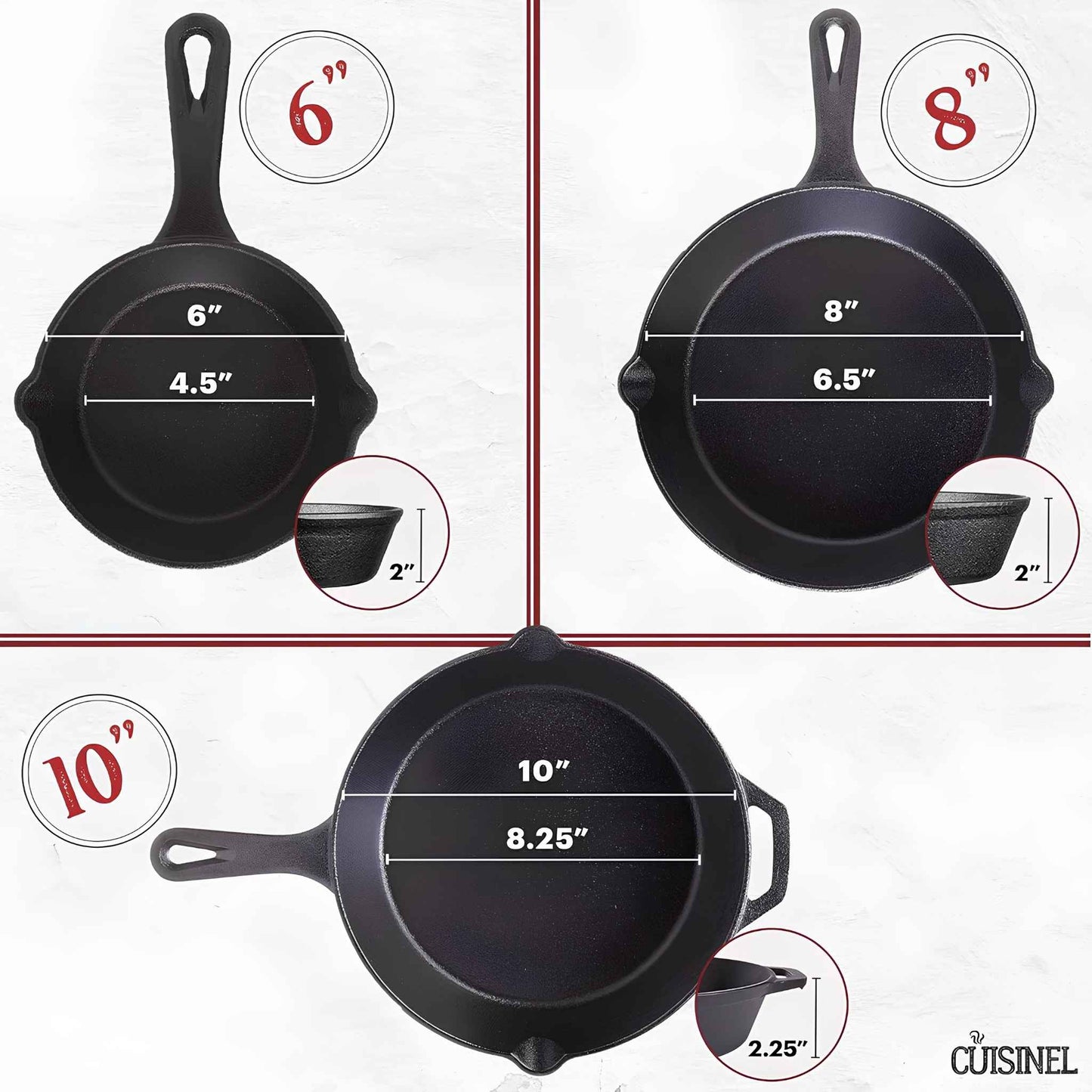 Cast Iron Skillet Set with Glass Lids – Pre-Seasoned Frying Pans (6", 8", 10") for Stovetop, Oven & Grill