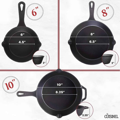 Cast Iron Skillet Set with Glass Lids – Pre-Seasoned Frying Pans (6", 8", 10") for Stovetop, Oven & Grill