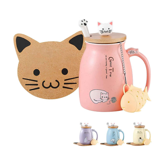 Cute Cat Mug Ceramic Coffee Cup 380ml – Anime Kitty Design with Lid, Spoon & Tea Infuser – Kawaii Cat Coffee Mug Gift for Cat Lovers