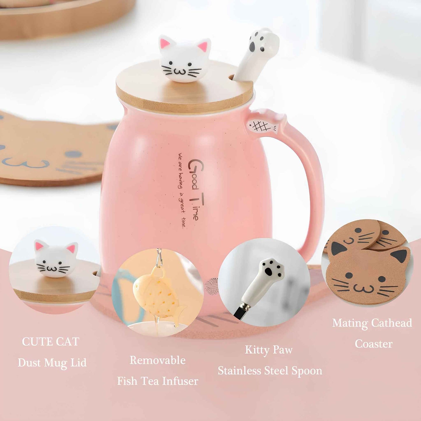 Cute Cat Mug Ceramic Coffee Cup 380ml – Anime Kitty Design with Lid, Spoon & Tea Infuser – Kawaii Cat Coffee Mug Gift for Cat Lovers