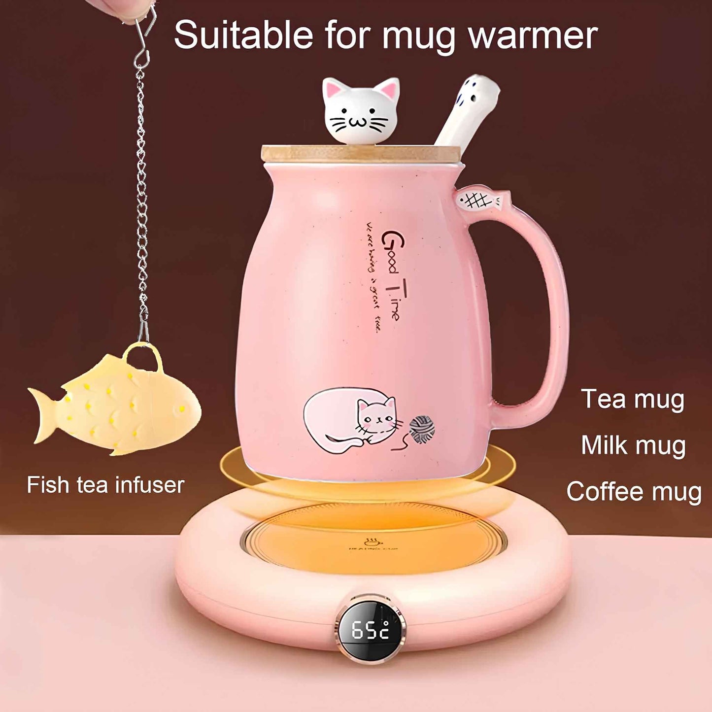 Cute Cat Mug Ceramic Coffee Cup 380ml – Anime Kitty Design with Lid, Spoon & Tea Infuser – Kawaii Cat Coffee Mug Gift for Cat Lovers