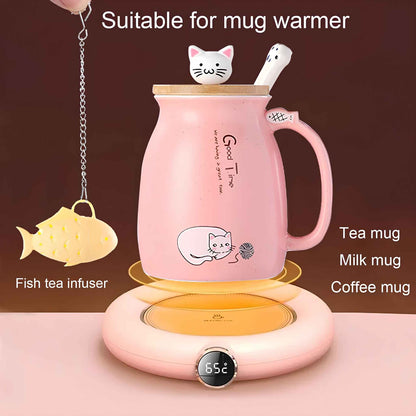 Cute Cat Mug Ceramic Coffee Cup 380ml – Anime Kitty Design with Lid, Spoon & Tea Infuser – Kawaii Cat Coffee Mug Gift for Cat Lovers