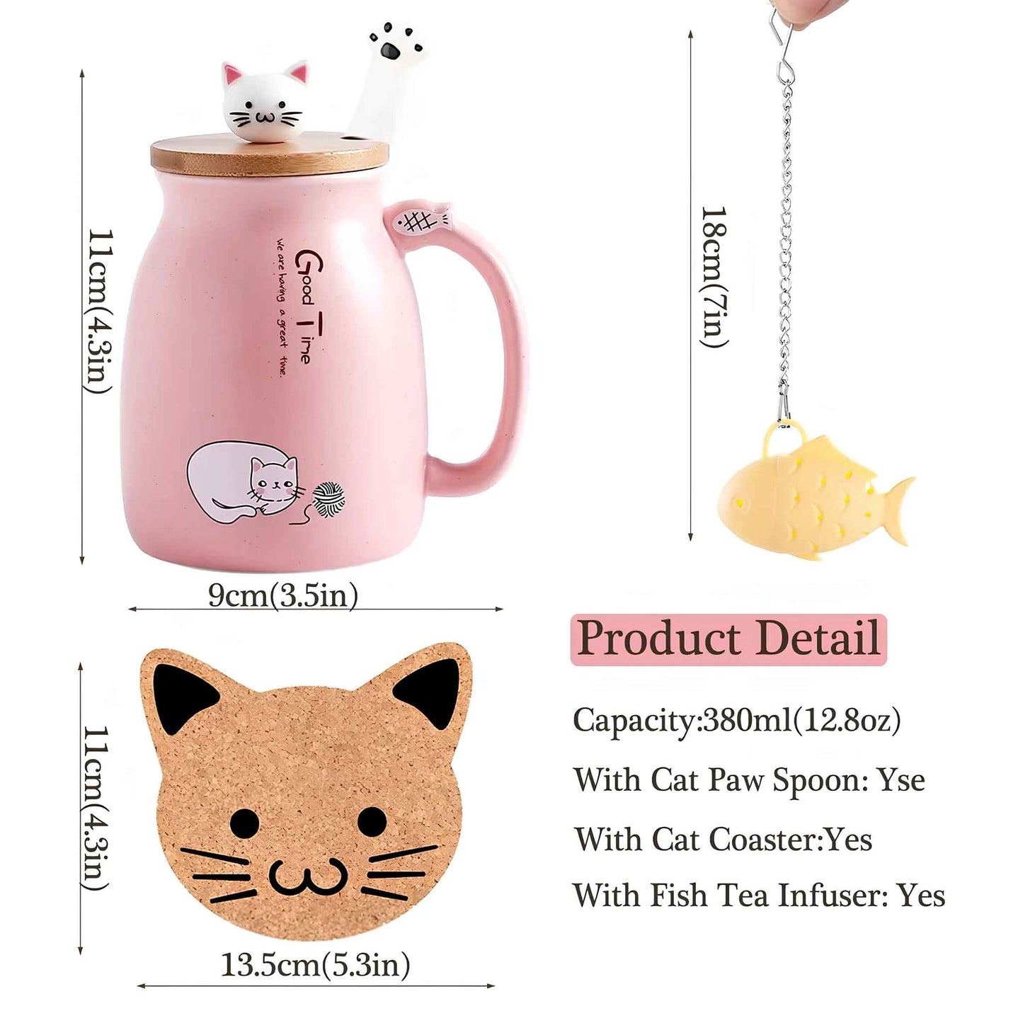 Cute Cat Mug Ceramic Coffee Cup 380ml – Anime Kitty Design with Lid, Spoon & Tea Infuser – Kawaii Cat Coffee Mug Gift for Cat Lovers