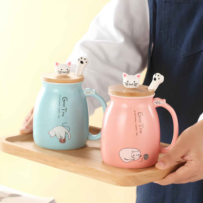 Cute Cat Mug Ceramic Coffee Cup 380ml – Anime Kitty Design with Lid, Spoon & Tea Infuser – Kawaii Cat Coffee Mug Gift for Cat Lovers