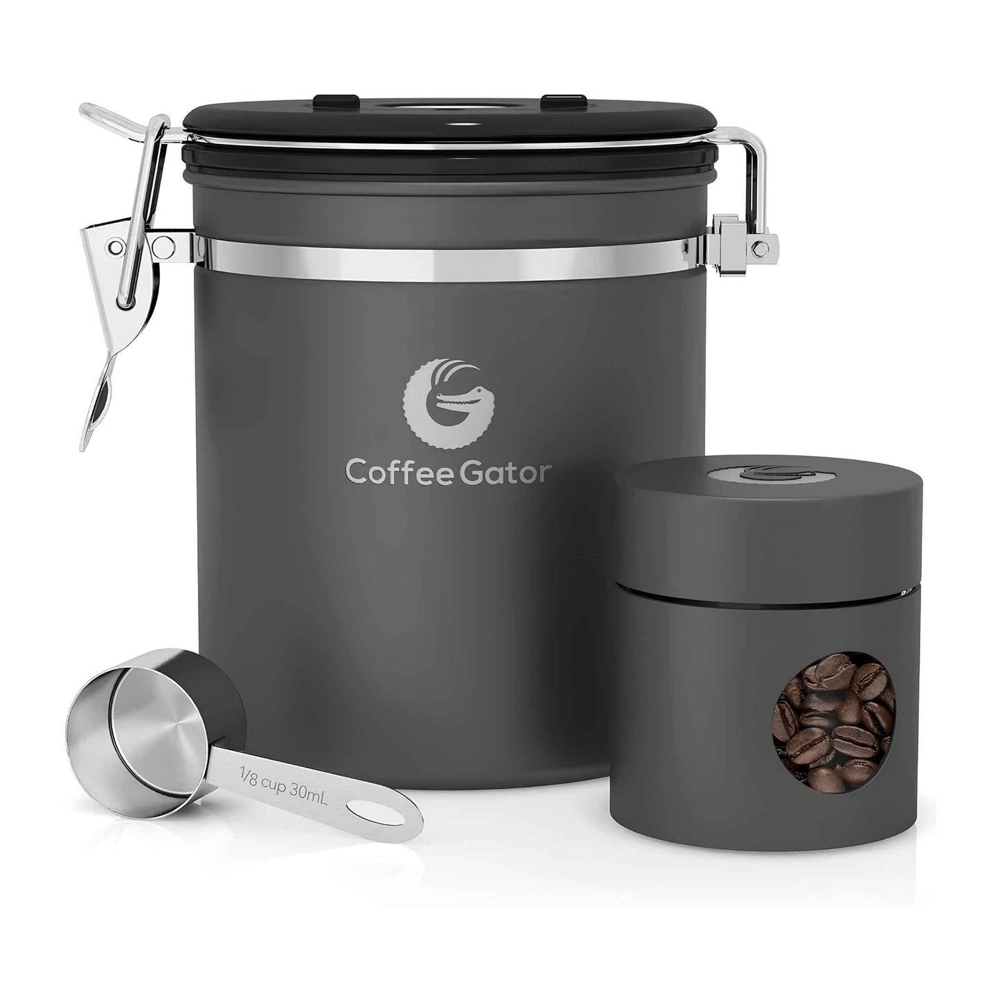 Airtight Stainless Steel Coffee Canister – 6” Coffee Storage Container with CO₂ Release Valve, Date Tracker, Measuring Scoop & Travel Lid | Keeps Coffee Beans Fresh Longer