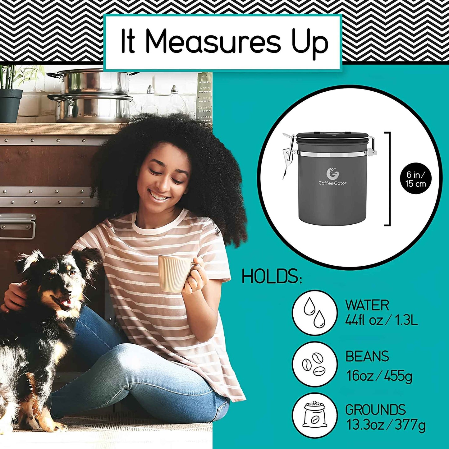 Airtight Stainless Steel Coffee Canister – 6” Coffee Storage Container with CO₂ Release Valve, Date Tracker, Measuring Scoop & Travel Lid | Keeps Coffee Beans Fresh Longer