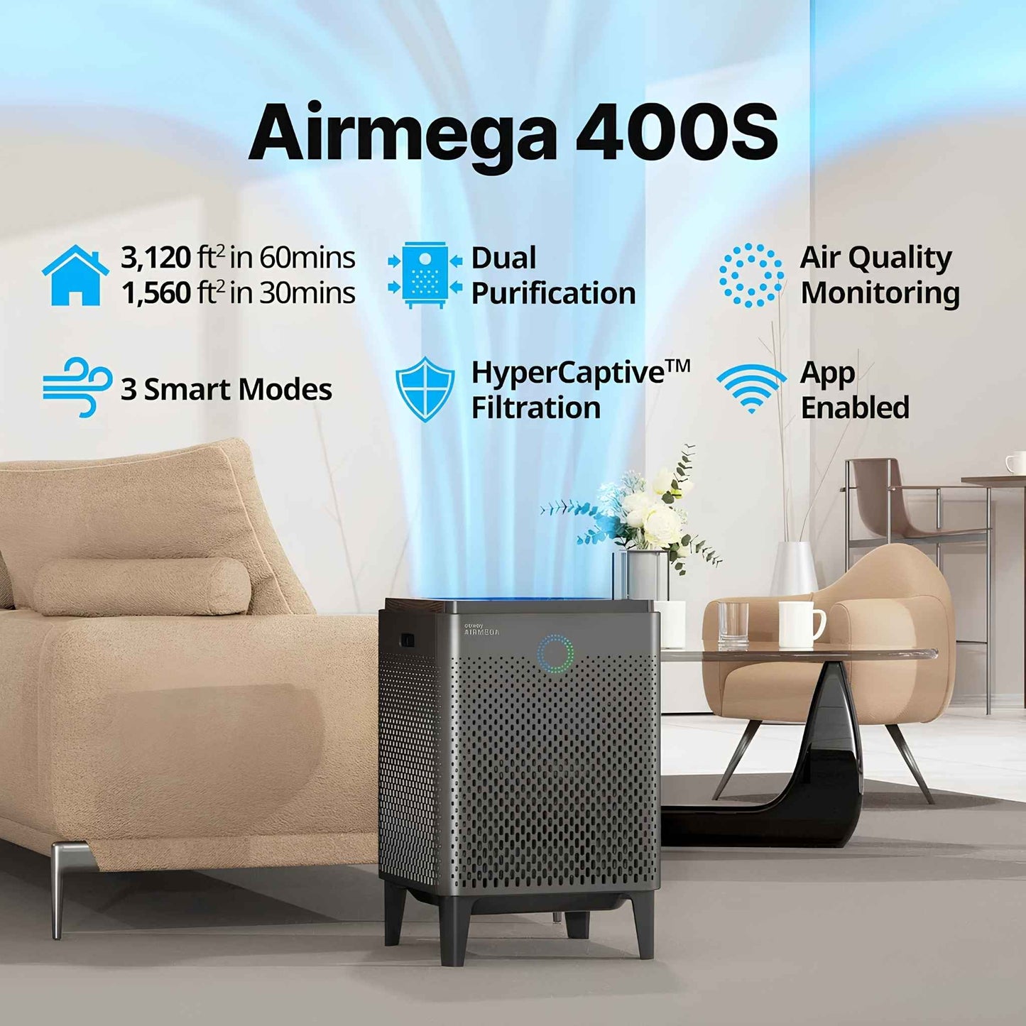 Coway Airmega 400S Air Purifier for Large Rooms up to 3,120 sq. ft. | HEPA Smart Air Cleaner