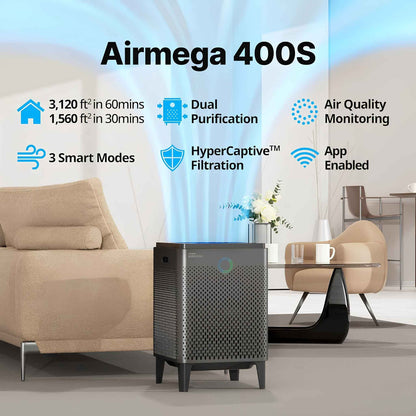Coway Airmega 400S Air Purifier for Large Rooms up to 3,120 sq. ft. | HEPA Smart Air Cleaner