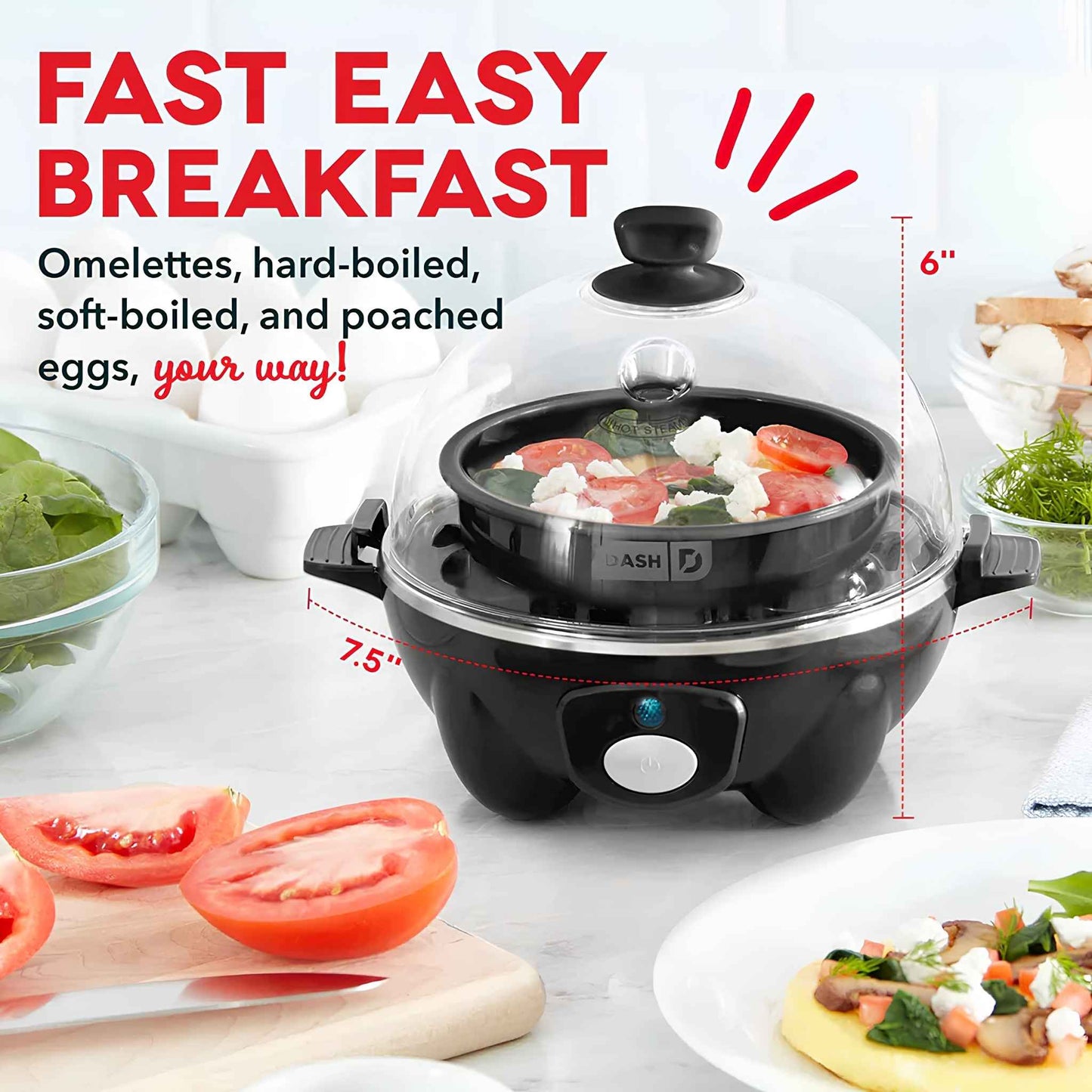 Dash Rapid Egg Cooker 6-Egg Capacity Electric Egg Boiler – Hard Boiled, Poached, Scrambled & Omelet Maker | Black (DEC005BK)