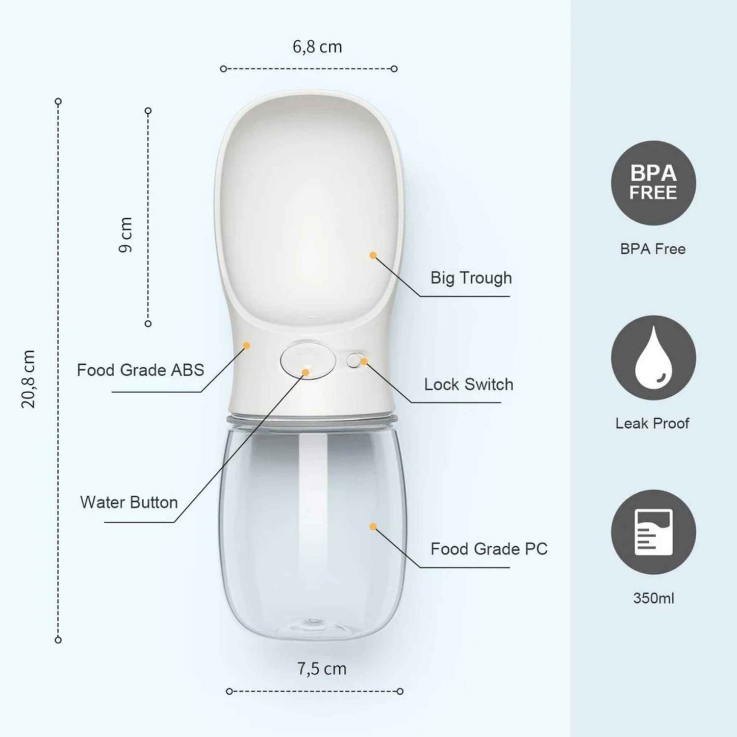 Portable Dog Water Bottle – Leak-Proof Travel Water Dispenser with One-Key Water Release, 12oz (Milk White)