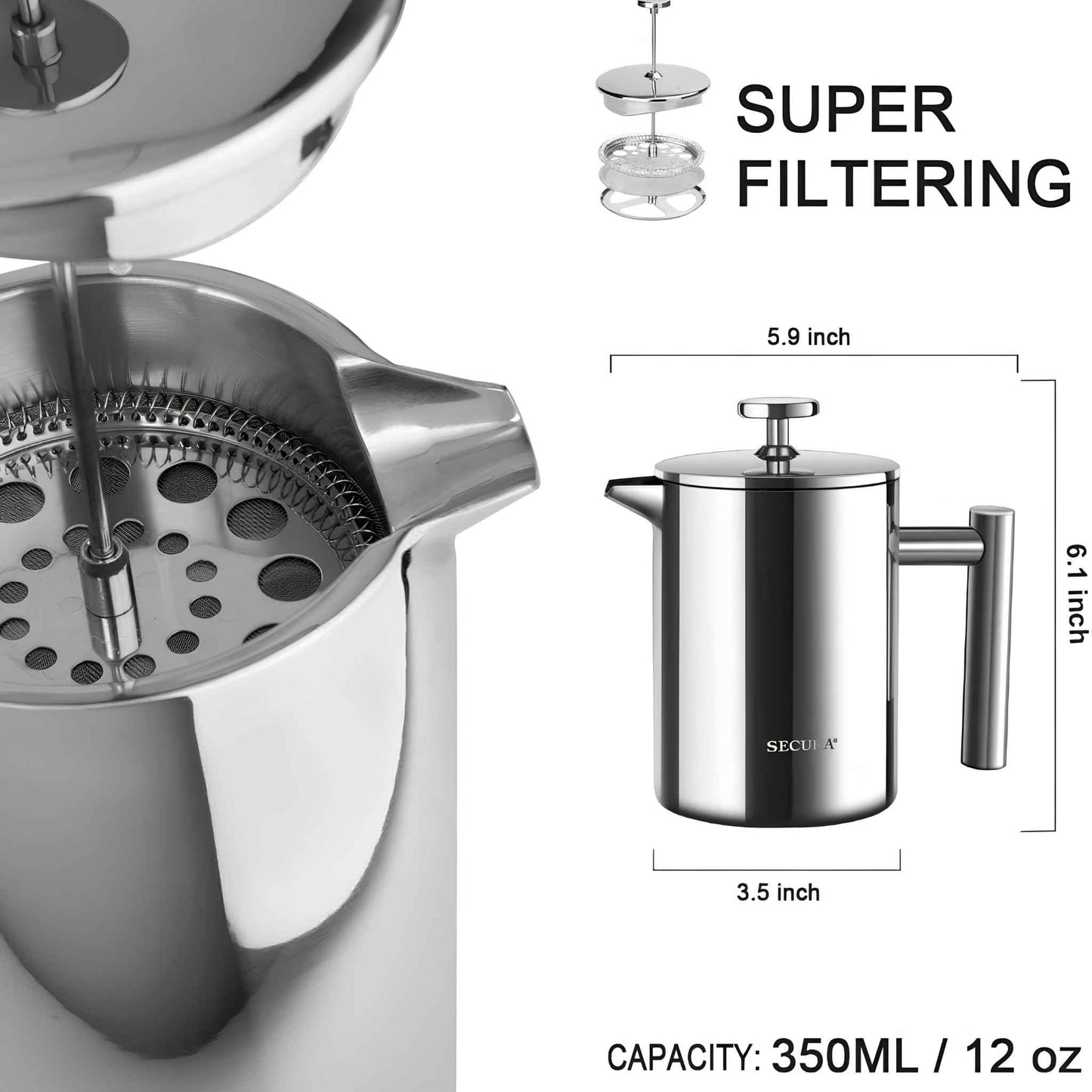 Stainless Steel French Press Coffee Maker | Double Wall Insulated (12oz–1.5L)