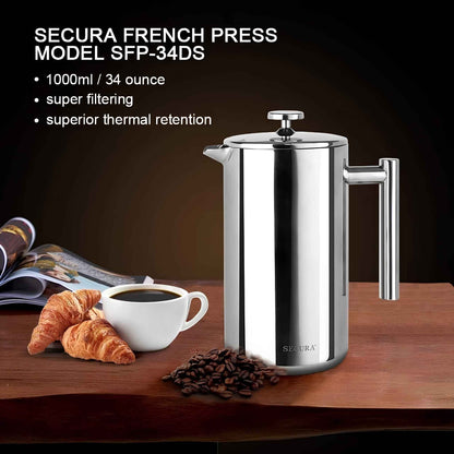 Stainless Steel French Press Coffee Maker | Double Wall Insulated (12oz–1.5L)